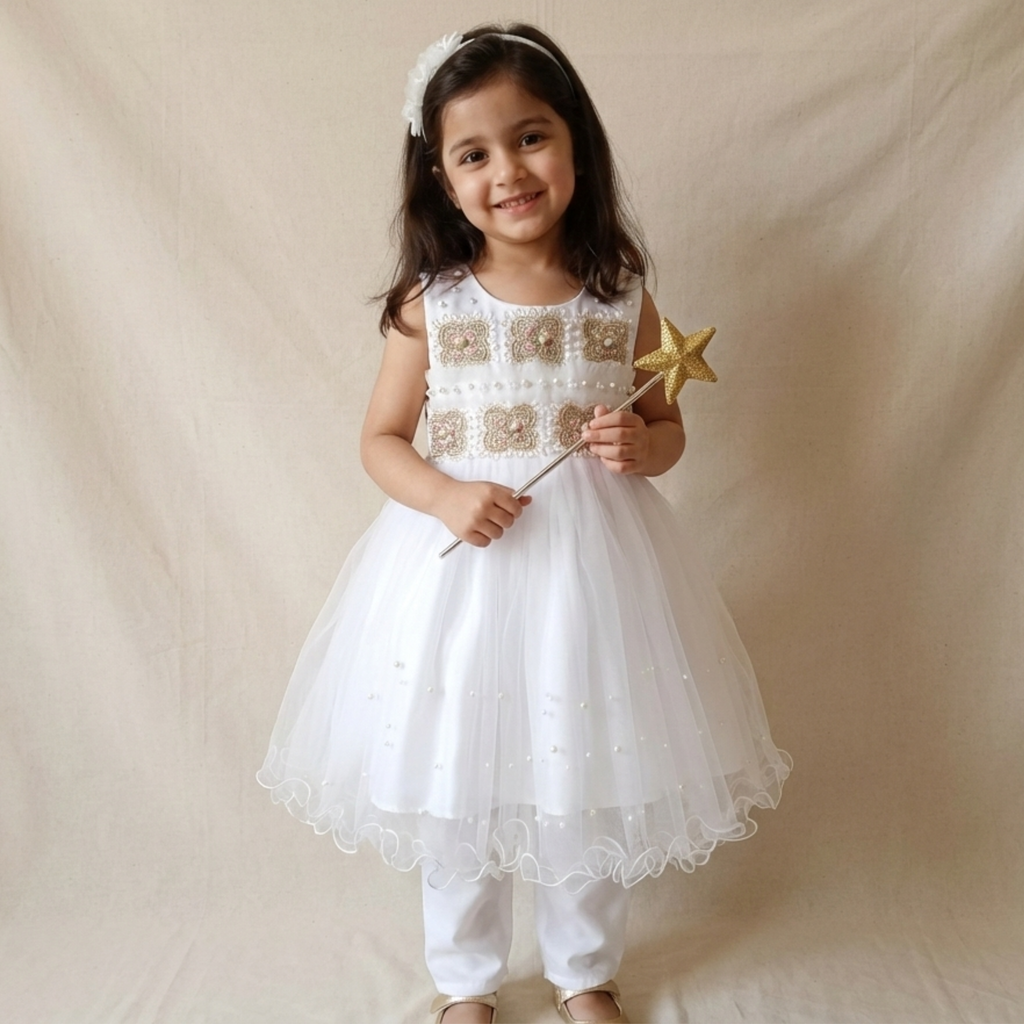 White Floral Fancy Frock with Matching Leggings for Toddler Girls