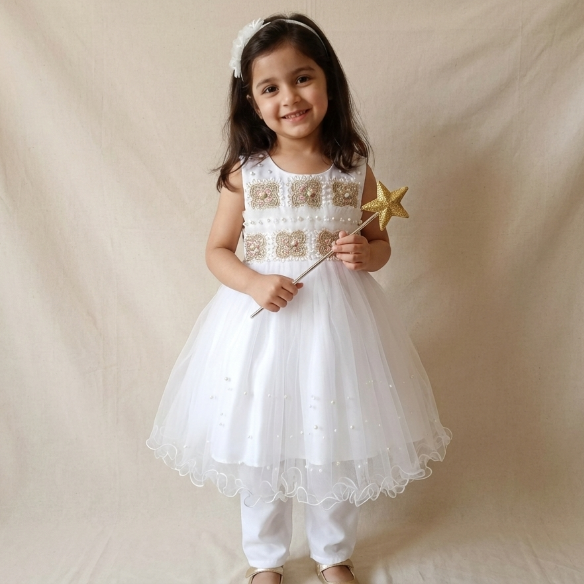 White Floral Fancy Frock with Matching Leggings for Toddler Girls