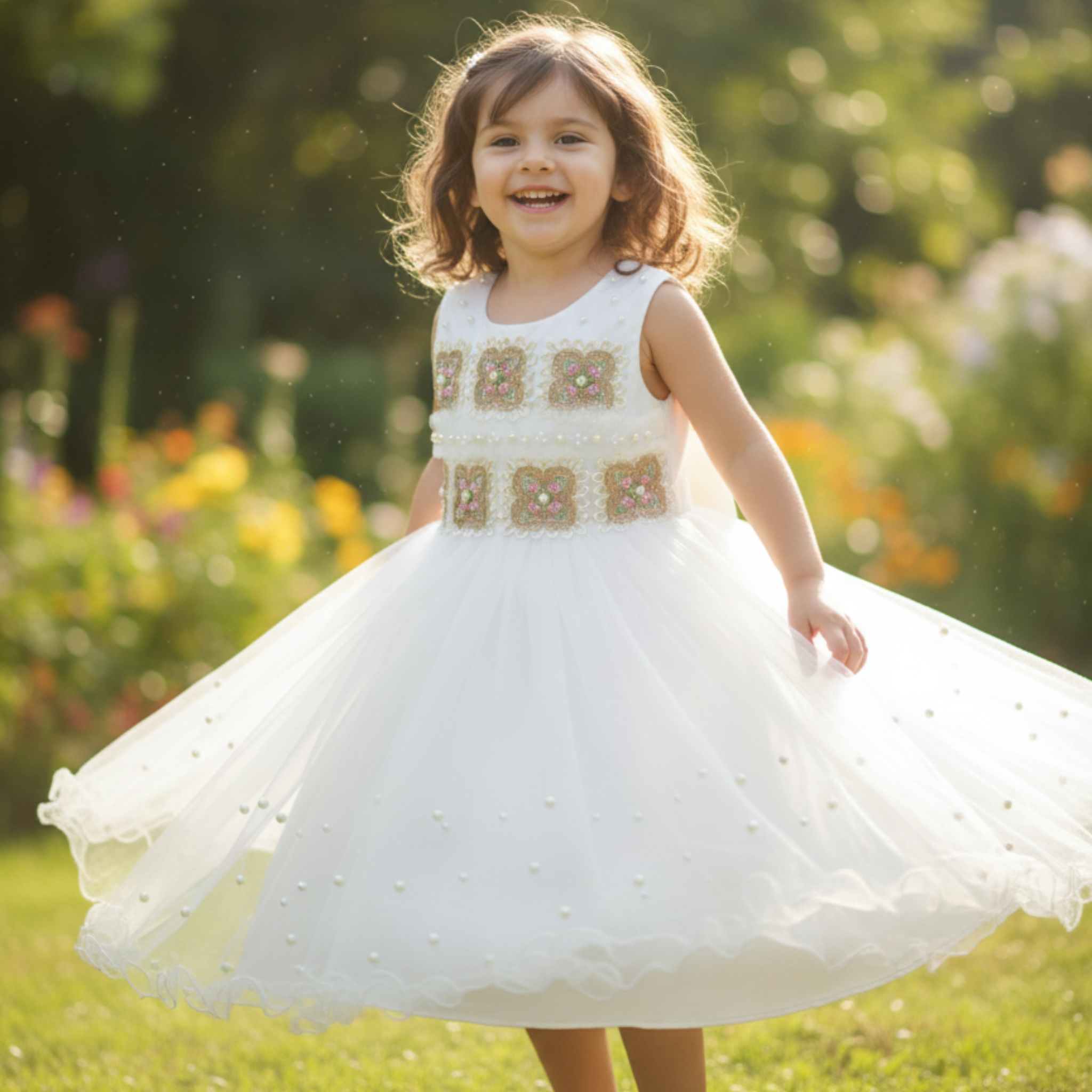 White Floral Fancy Frock with Matching Leggings for Toddler Girls
