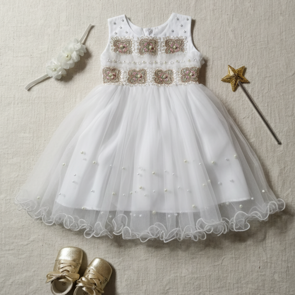 White Floral Fancy Frock with Matching Leggings for Toddler Girls