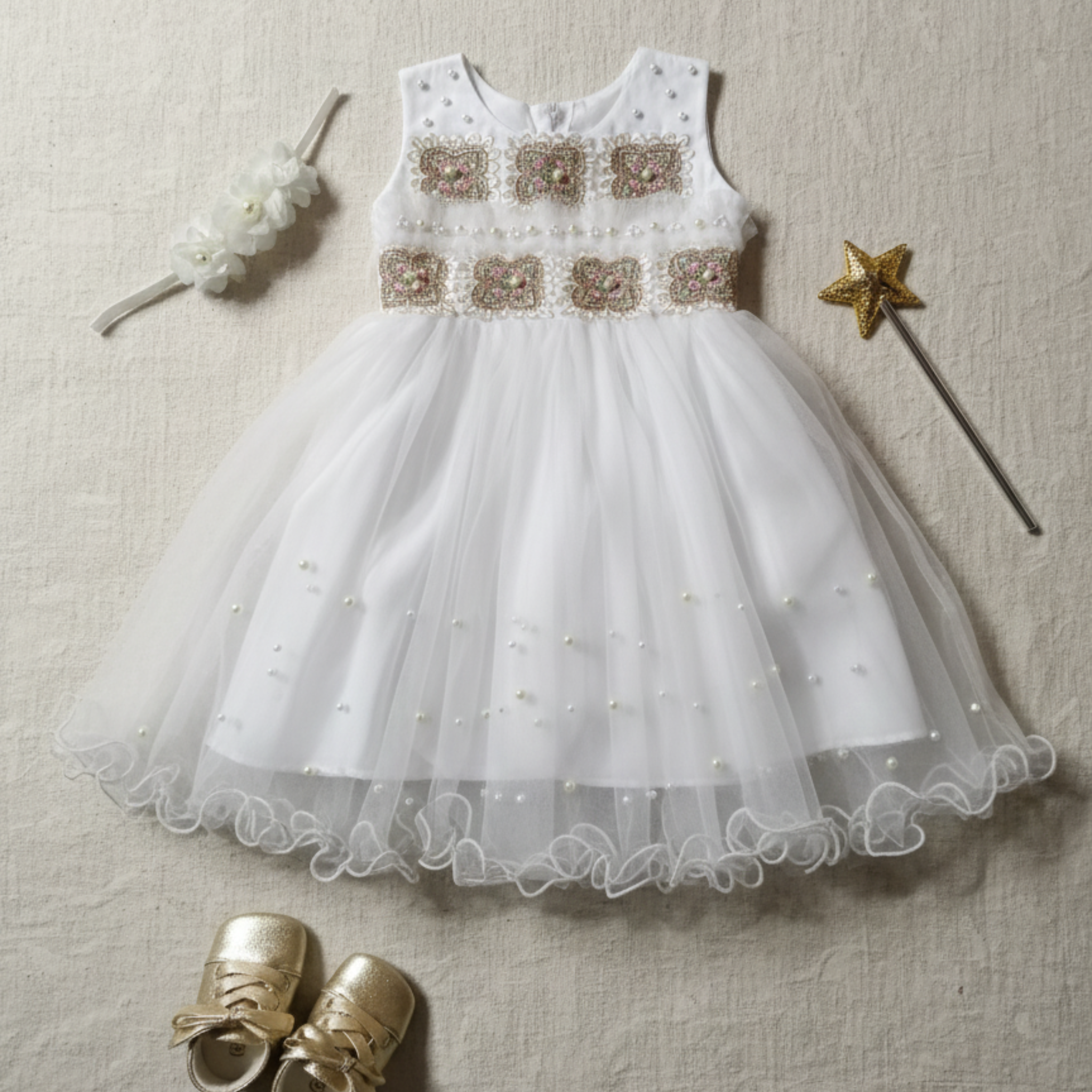 White Floral Fancy Frock with Matching Leggings for Toddler Girls